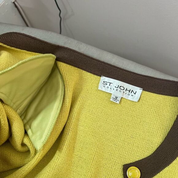 St John collection yellow knit brown trim cardigan size 12 - Picture 9 of 10